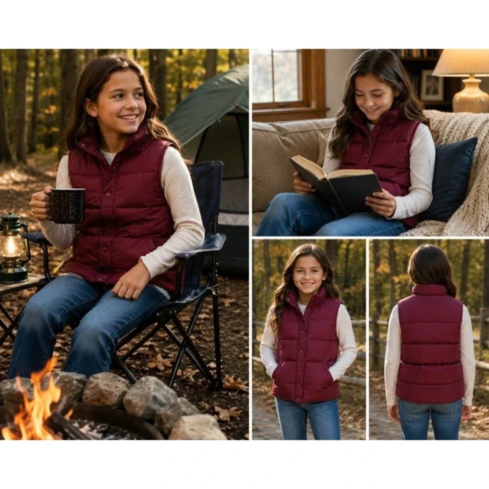 Lands End Kids Burgundy Down Puffer Vest Size M 10-12 Quilted Snap Front